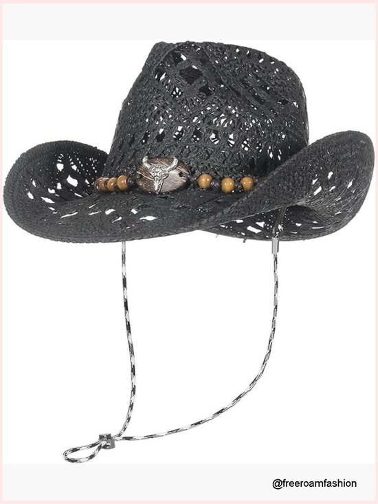 Paper Straw Cowboy Hat with Chin Strap Wide Brim Summer Beach Sun Hat main image 2